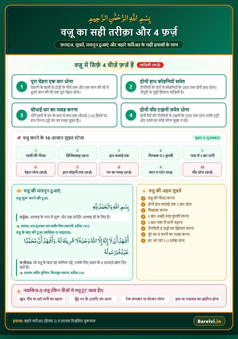 वज़ू के 4 फ़र्ज़ और मुकम्मल तरीक़ा – इन्फ़ोग्राफ़िक चार्ट Barelvi.in